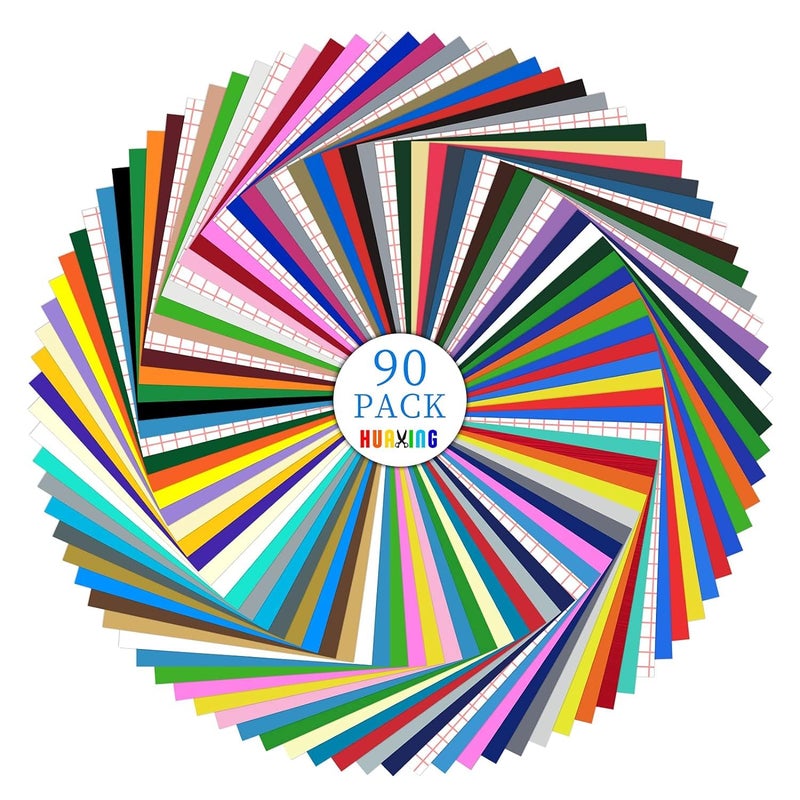 Huaxing Permanent Adhesive Vinyl Bundle - 90 Pack Vinyl Sheets (12”x12”, Glossy, Matte, Metallic) for Most Cutting Machines and Party Decoration, Sticker, Craft Cutter, Car Decal - Image 1